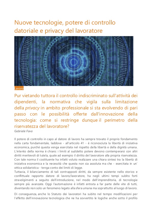 "Nuove tecnologie, potere di controllo datoriale e privacy del lavoratore" - Itinerari Providenziali - di Gabriele Fava
